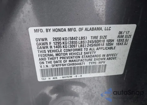 2017 Honda Pilot Lx z USA, uszkodzony, nr VIN 5FNYF6H13HB044671